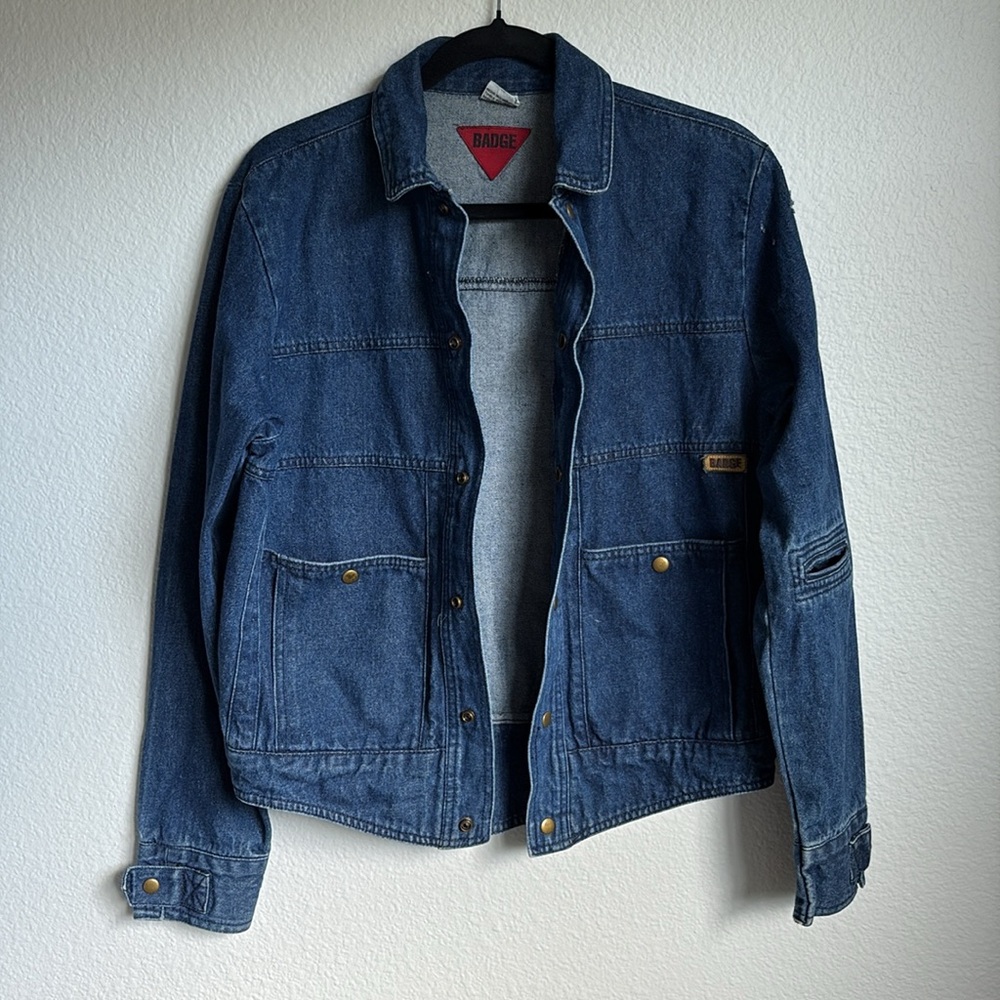 SOLD - Vintage BADGE Denim Utility Jacket Workwear 100% cotton Size L